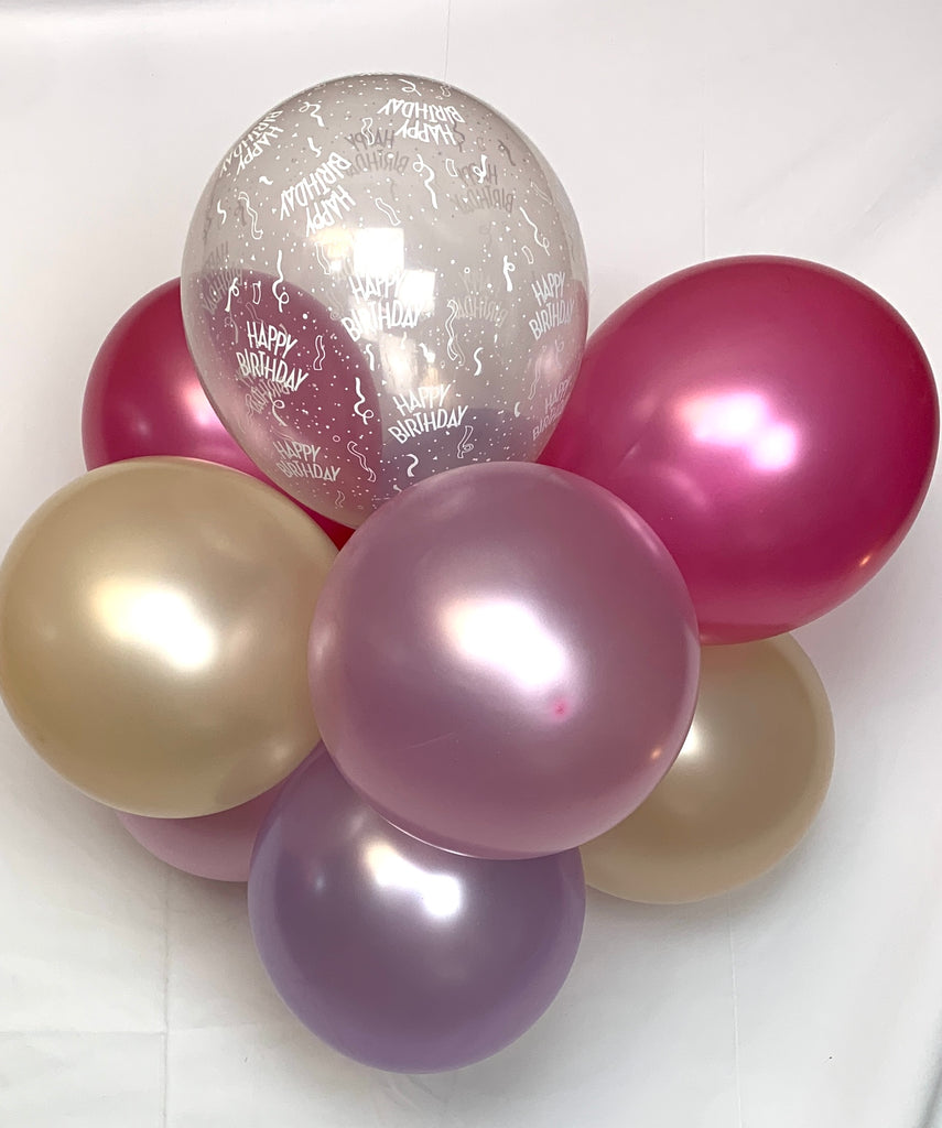 Lilac, Blush, Hot Pink, Pale Pink and 'Happy Birthday' Range Pearlised Latex Balloons with Curling Ribbon