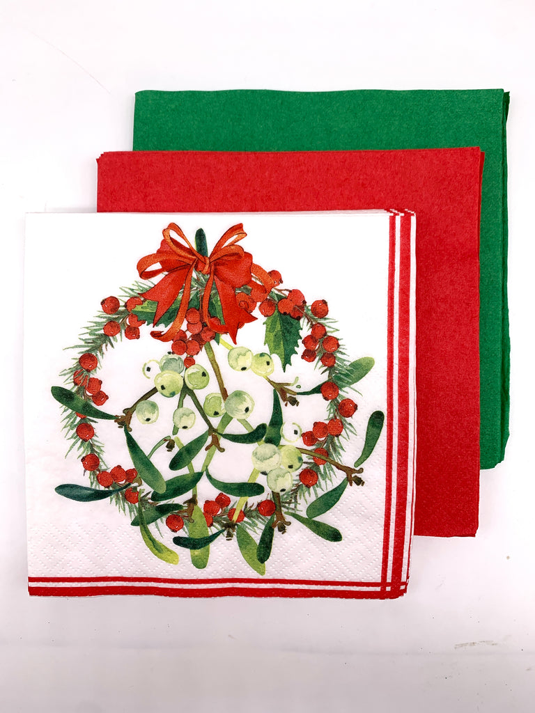 100x Red, Green, and Mistletoe-wreath Napkins for Christmas