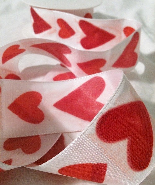 Heart Ribbon, White Ribbon with Red Hearts, 5m x 40mm
