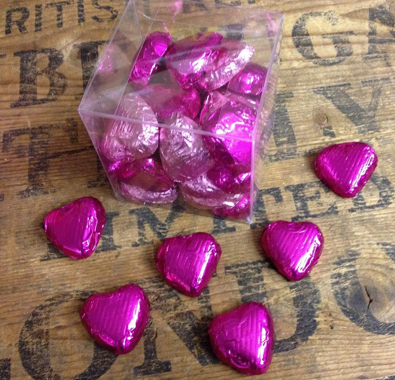 30 Heart Shaped- Mixed Pink Foil Wrapped Chocolates in a Clear Plastic Box with Curling Ribbon