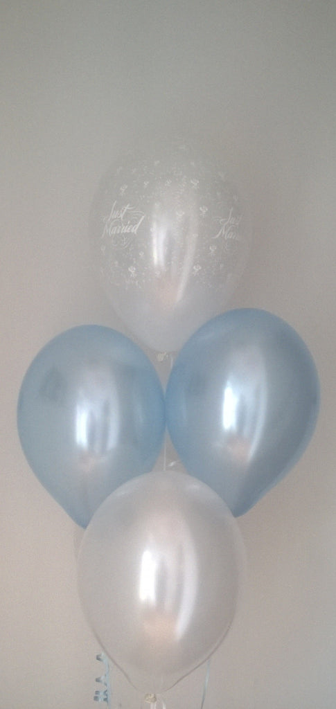 Ivory and Powder Blue Pearlised Just Married Wedding Range Latex Balloons with Curling Ribbon
