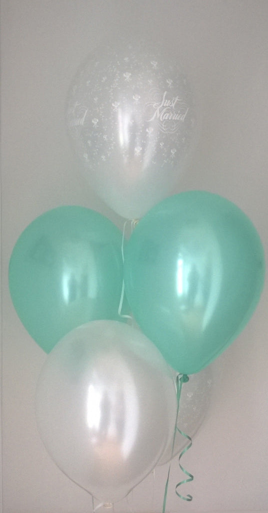 Aqua Pearlised Just Married Wedding Range Latex Balloons with Curling Ribbon