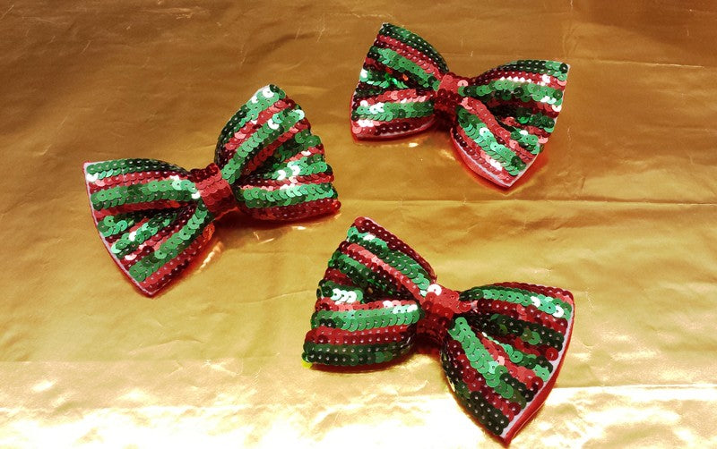 Novelty - Red & Green Sequin Bow ties Pack of 3
