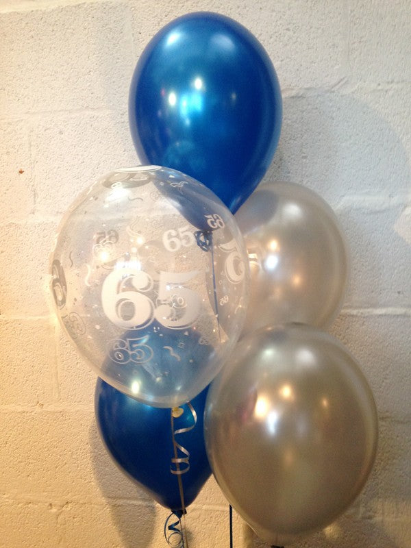 Classic Blue, Silver and 65th Aged Ranged Pearlised Latex Balloons with curling Ribbon
