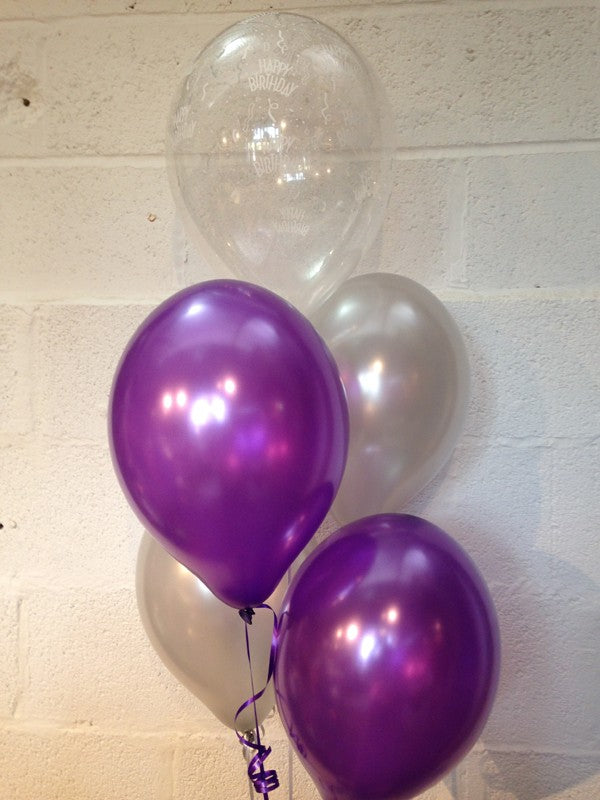 Purple, Silver and 'Happy Birthday' Range Pearlised Latex Balloons with Curling Ribbon