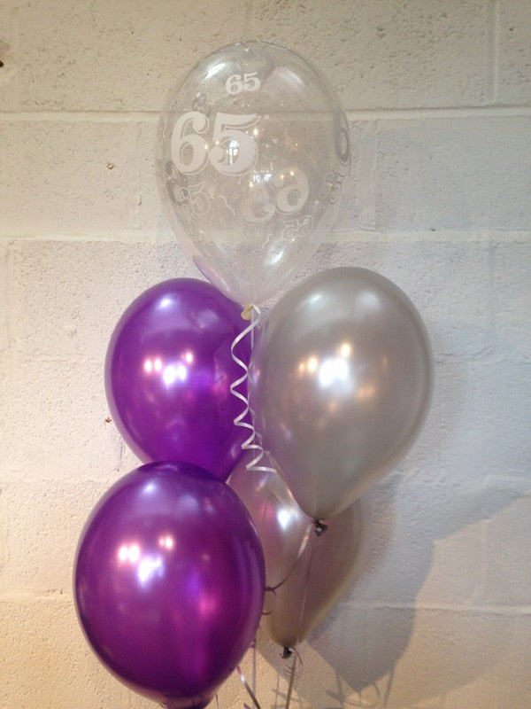 Purple, Silver and 65th Aged Range Pearlised Latex Balloons with Curling Ribbon