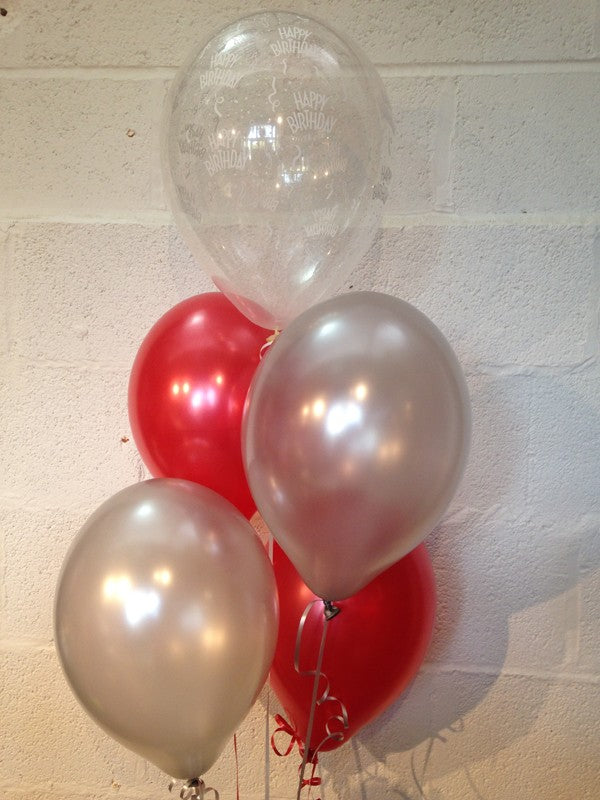 Red, Silver and 'Happy Birthday' Range Pearlised Latex Balloons with Curling Ribbon