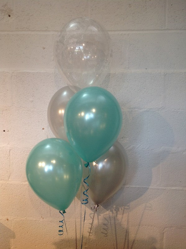 Aqua, Silver and 'Happy Birthday' Range Pearlised Latex Balloons with Curling Ribbon