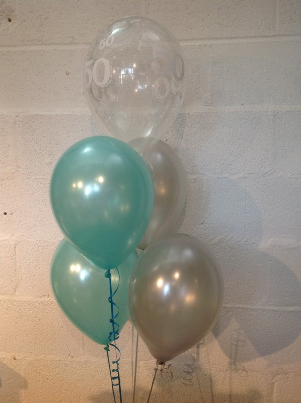 Aqua, Silver and 50th Aged Range Pearlised Latex Balloons with Curling Ribbon