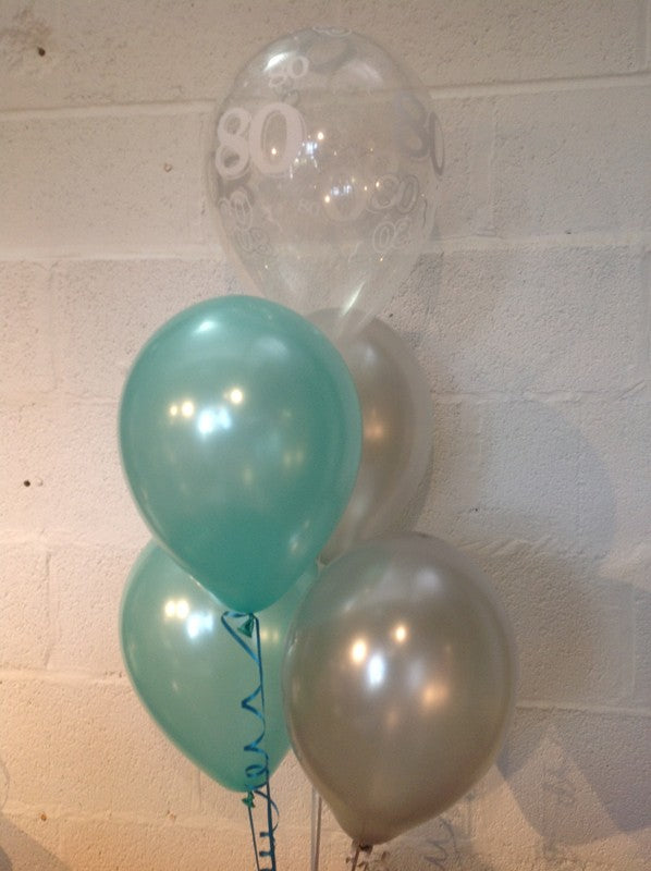 Aqua, Silver and 80th Aged Range Pearlised Latex Balloons with Curling Ribbon