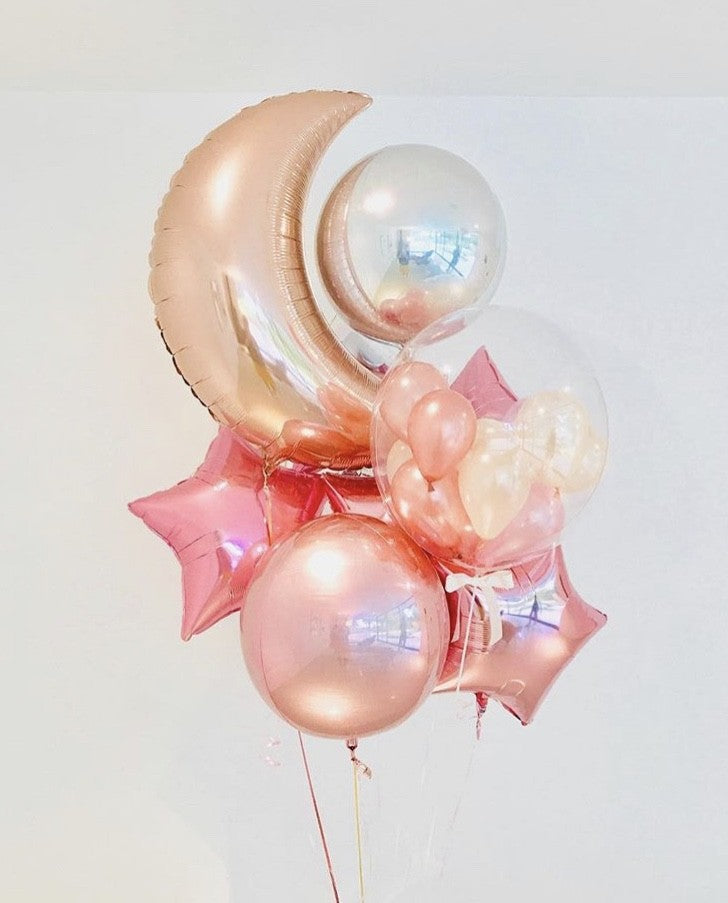 Rose Gold Crescent, Bubble and Orbs Balloon Bunch