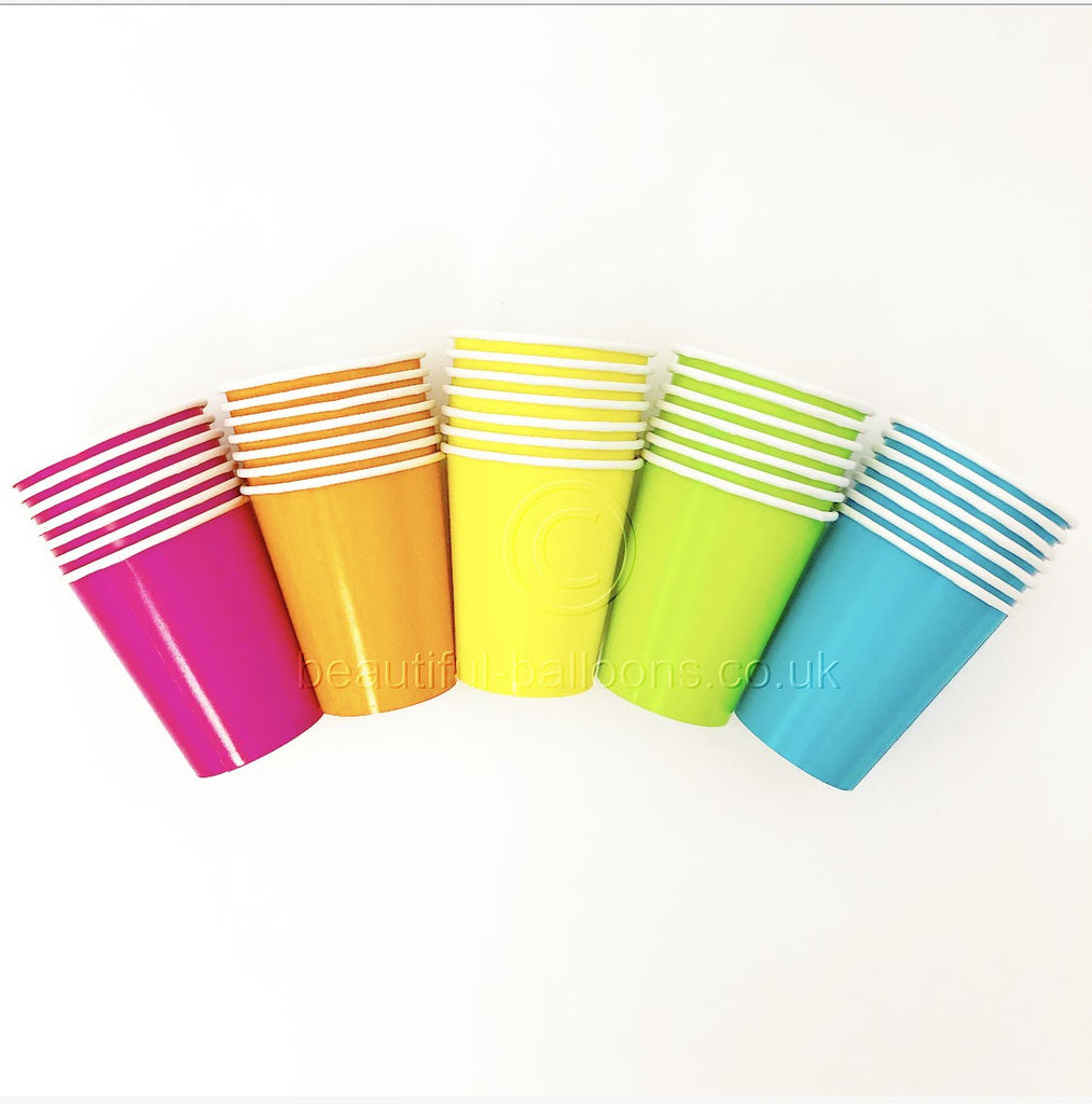 35 x Neon Rainbow Paper Party Cups - Florescent Disco 80s
