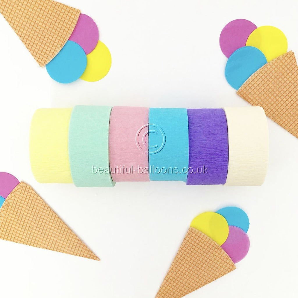 6 x Pastel Rainbow Ice Cream Shade Crepe Roll Party Streamers