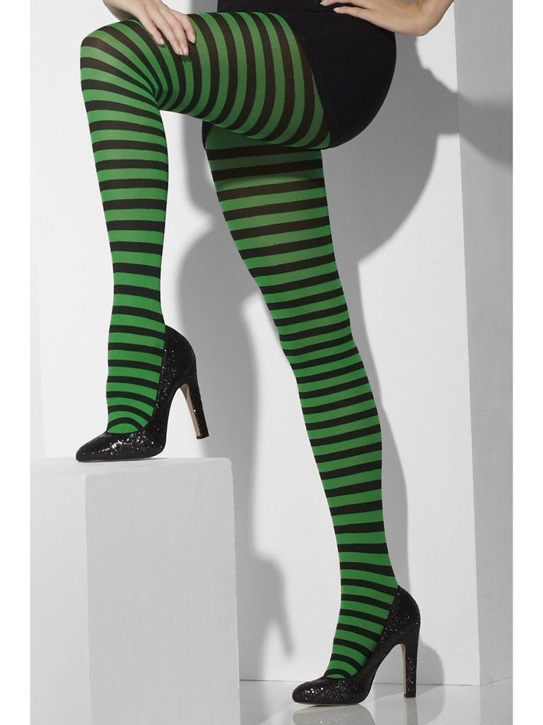 Green and black opaque striped tights