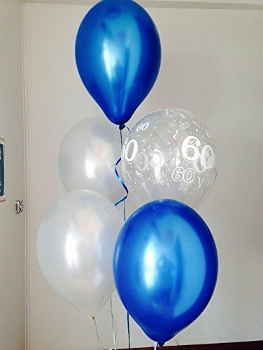 Classic Blue, Silver and 60th Aged Ranged  UNFILLED Pearlised Latex Balloons with Curling Ribbon
