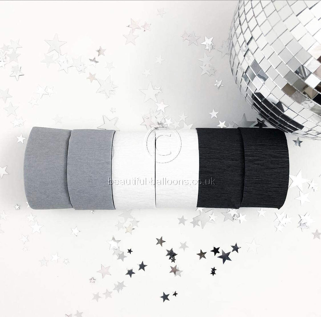 6 x Black, Silver & White Stylish and Chic Shade Range Crepe Roll Party Streamers