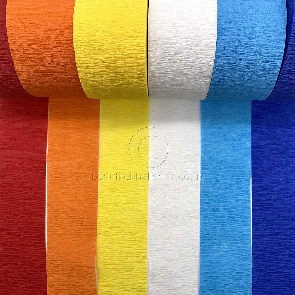 6 x Circus Shade Range Crepe Paper Roll Kit - Red, Orange, Yellow, White, Baby Blue & Royal Blue