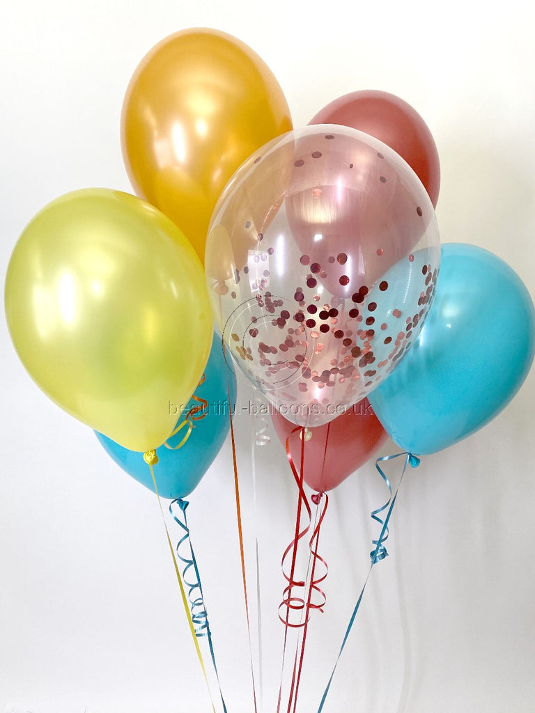 Circus Shade Range  UNFILLED Latex Helium Quality Balloons - Red, Orange, Yellow, Teal & Red Confetti