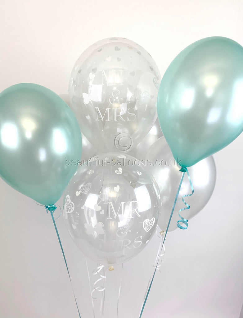 Mr & Mrs Pearlised Balloons, Aqua & White Wedding (Helium Quality)