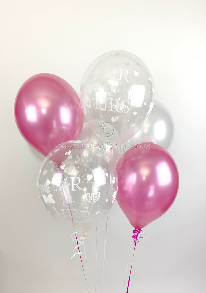 Mr & Mrs Pearlised Balloons, White & Fuchsia Wedding (Helium Quality)UNFILLED