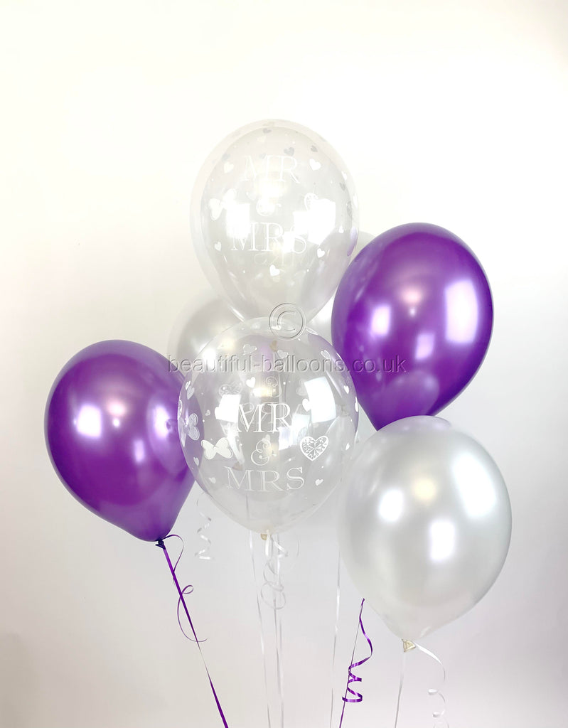 Mr & Mrs  UNFILLED Pearlised Balloons, Purple & White Wedding (Helium Quality)