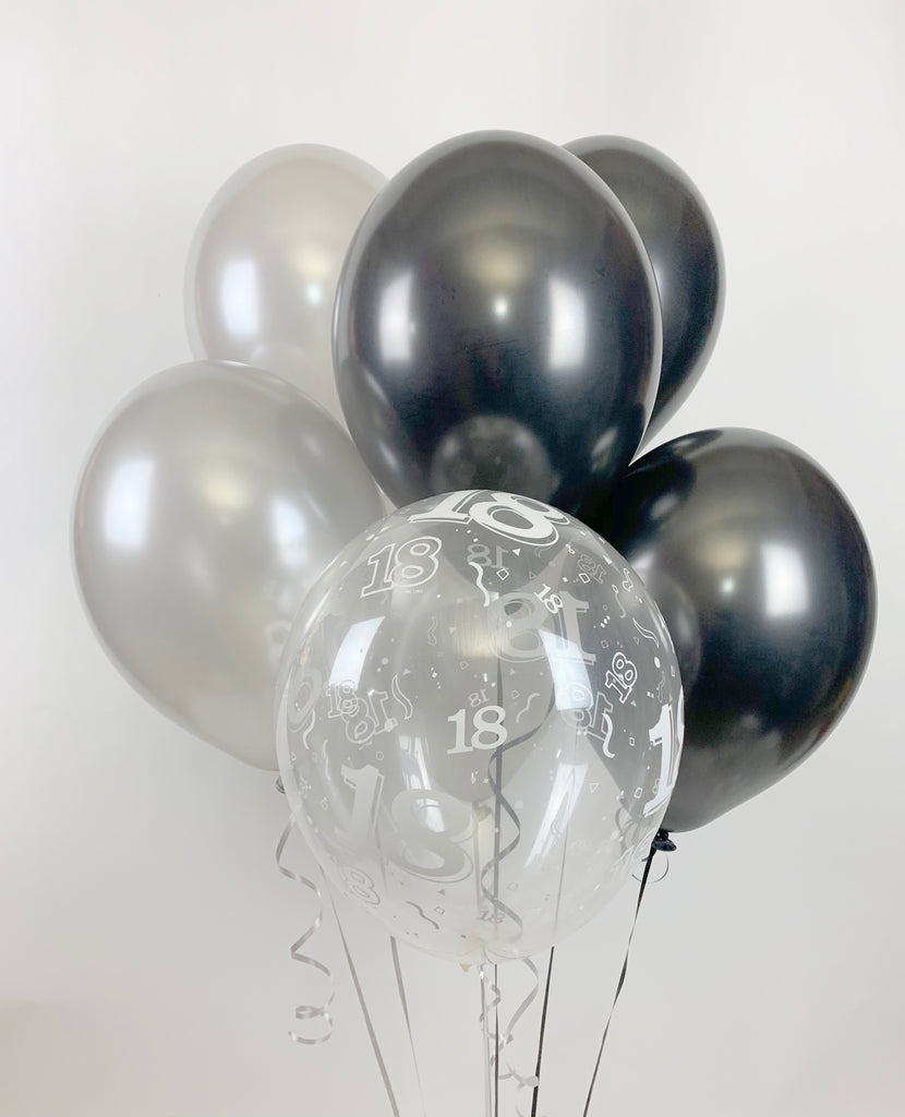 Black, Silver and 18th Aged Ranged Pearlised Latex Balloons with Curling Ribbon