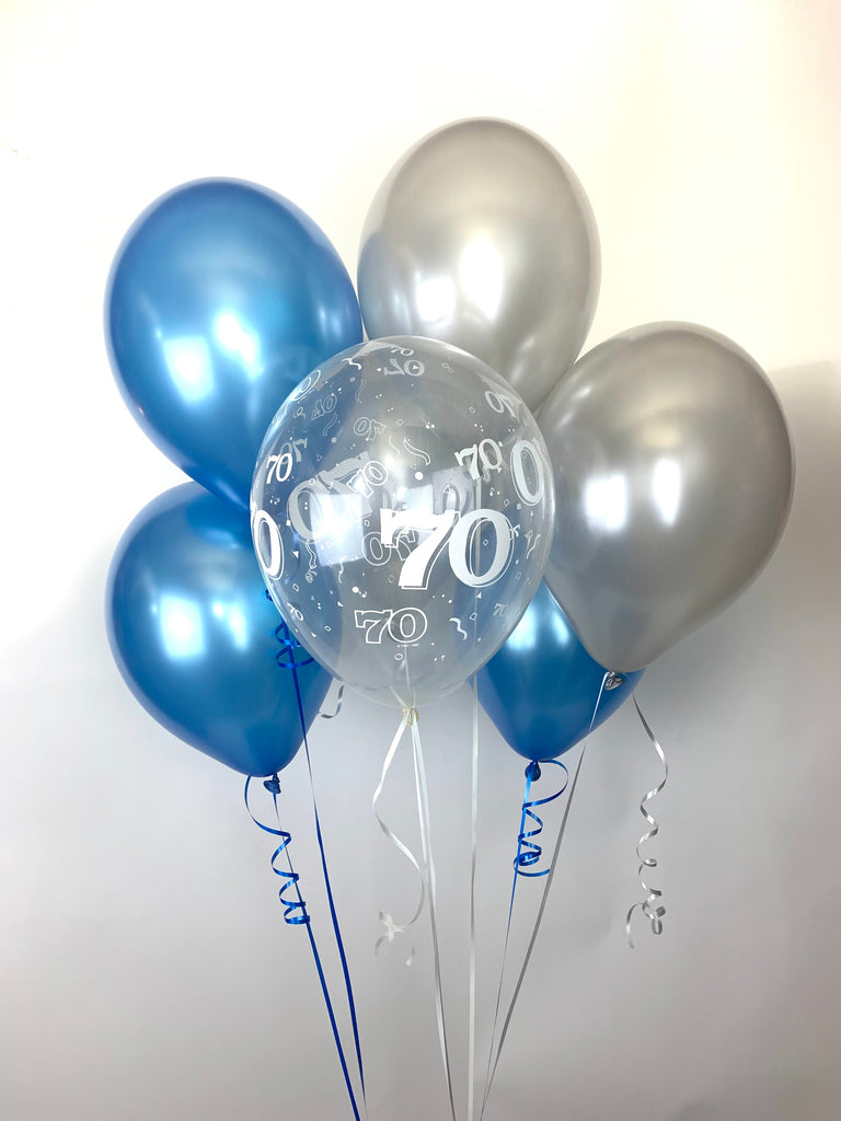Classic Blue, Silver and 70th Aged Ranged Pearlised Latex Balloons with curling Ribbon