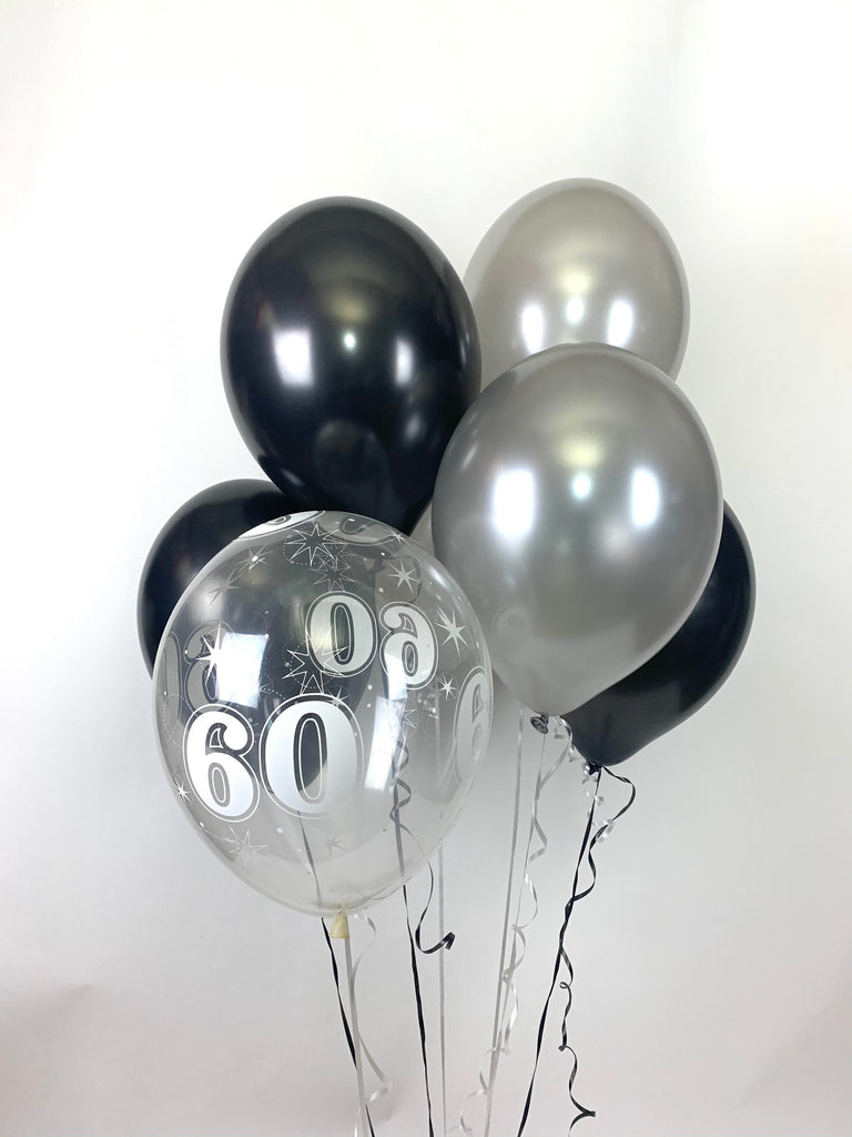 Black, Silver and 60th Aged Range Pearlised Latex Balloons with Curling Ribbon