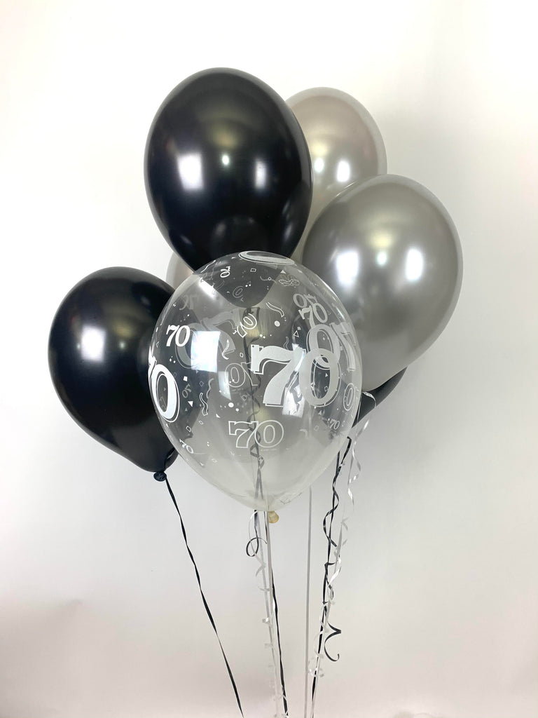 Black, Silver and 70th Aged Range UNFILLED Pearlised Latex Balloons with Curling Ribbon