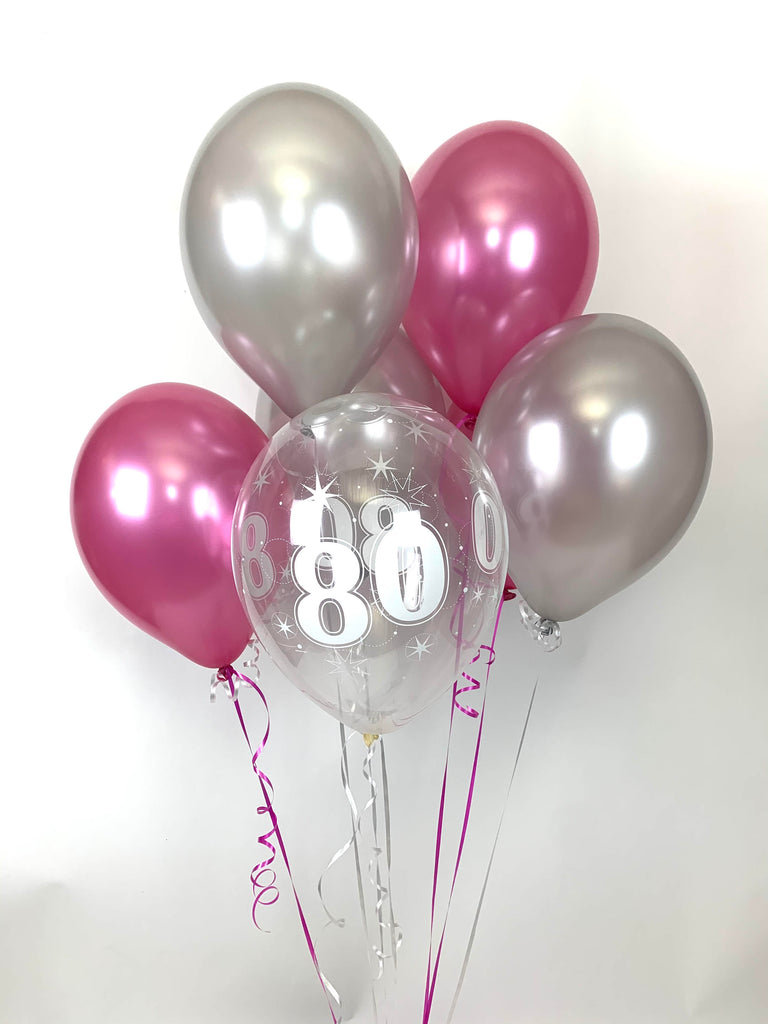 Hot Pink, Silver and 80th Aged Range Pearlised Latex Balloons with Curling Ribbon