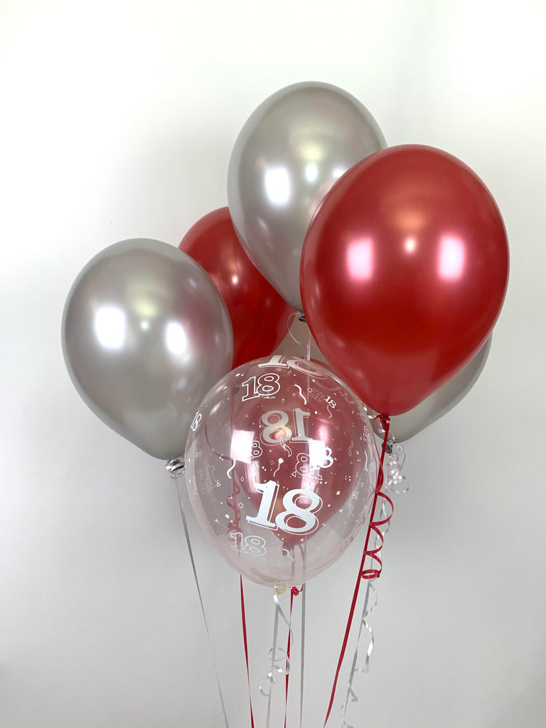 Red, Silver and 18th Aged Range UNFILLED Pearlised Latex Balloons with Curling Ribbon