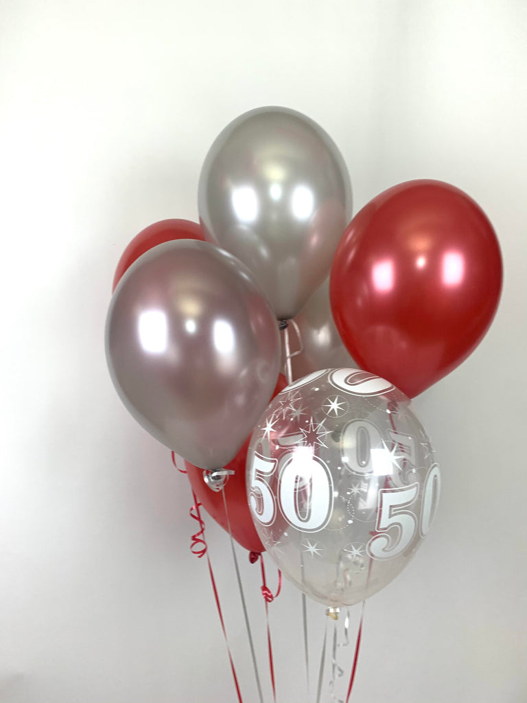 Red, Silver and 50th Aged Range Pearlised Latex Balloons with Curling Ribbon