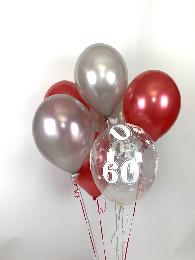 Red, Silver and 60th Aged Range Pearlised Latex Balloons with Curling Ribbon