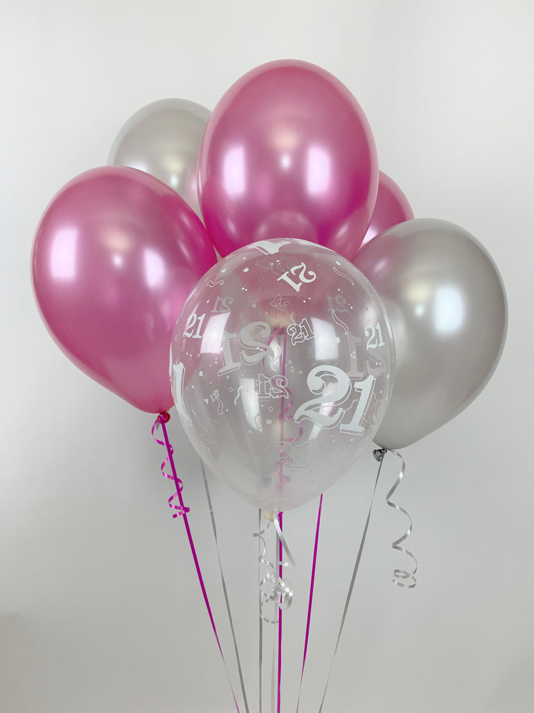 Hot Pink, Silver and 21st Aged Ranged UNFILLED  Pearlised Latex Balloons with Curling Ribbon