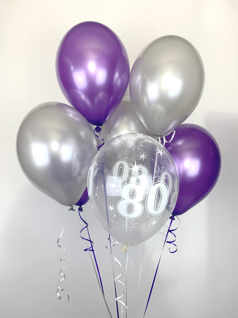 Purple, Silver and 80th Aged Range UNFILLED   Pearlised Latex Balloons with Curling Ribbon