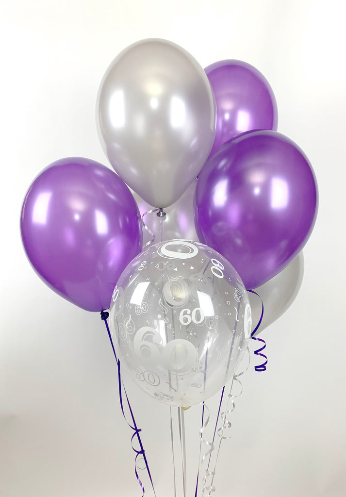 Purple, Silver and 60th Aged Range Pearlised Latex Balloons with Curling Ribbon