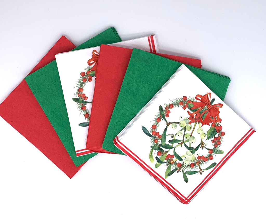 100x Red, Green, and Mistletoe-wreath Napkins for Christmas