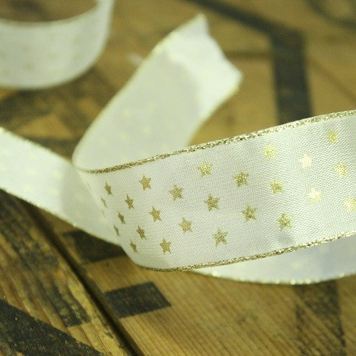 Ribbon - Wired Gold Stars, 25mmx20m, Available in Green, White & Purple