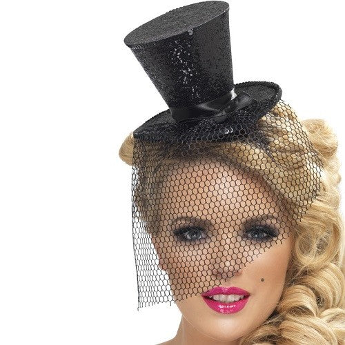 Headware - Mini Black Glitter Top Hat on Headband