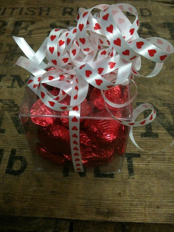 30x Red Foil Heart Chocolates in a Clear Plastic Box with Curling Ribbon