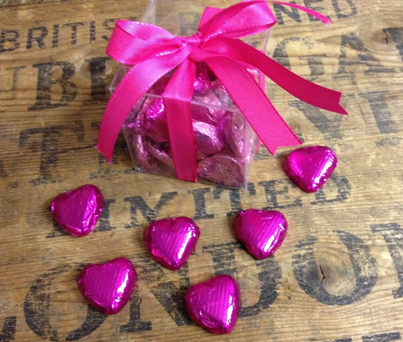 30 Heart Shaped- Mixed Pink Foil Wrapped Chocolates in a Clear Plastic Box with Curling Ribbon