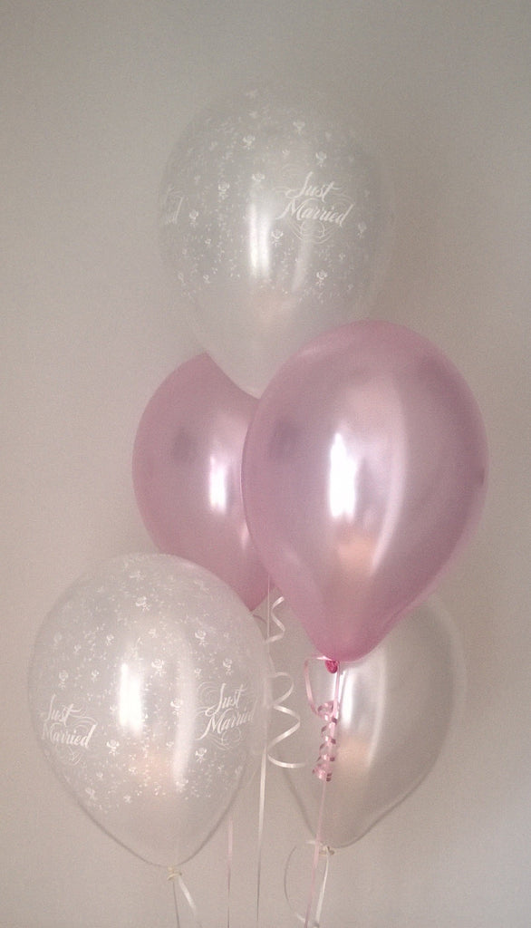 Pearlised Pink Just Married Wedding Balloons with Curling Ribbon