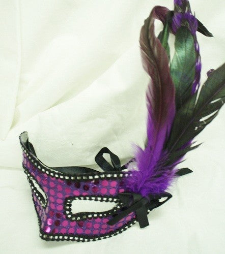 Mask Purple , With Feathers, and Ribbon Tie to Fasten