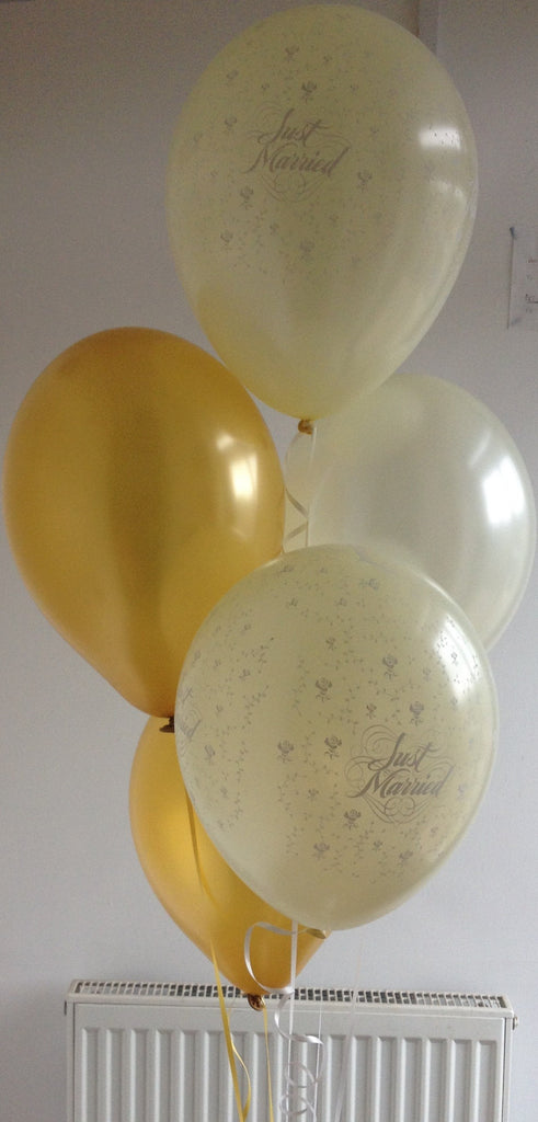 Ivory and Gold Pearlised Just Married Wedding Range Latex Balloons with Curling Ribbon