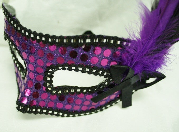 Mask Purple , With Feathers, and Ribbon Tie to Fasten