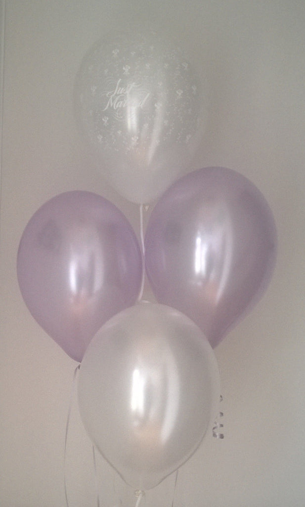 Lilac Pearlised Just Married Wedding Range Latex Balloons with Curling Ribbon
