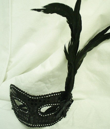 Mask Black , With Feathers, and Ribbon Tie to Fasten