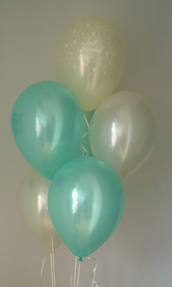 Aqua and Ivory Pearlised Just Married Wedding Range Latex Balloons with Curling Ribbon