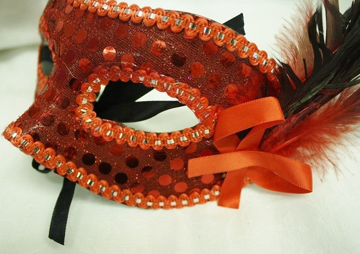 Mask Red, With Feathers, and Ribbon Tie to Fasten