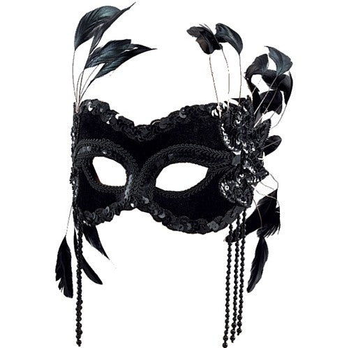 Masquerade Mask - Velvet with Feathers - Black